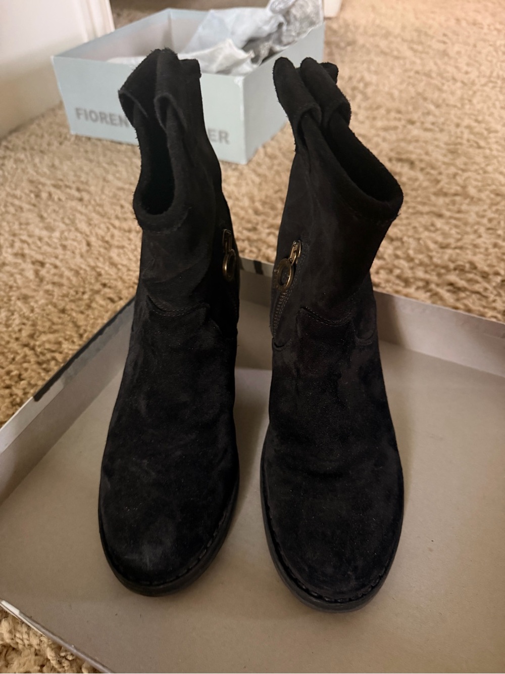 Fiorentini + Baker Black Suede Ankle Boots with Side Zip Ring